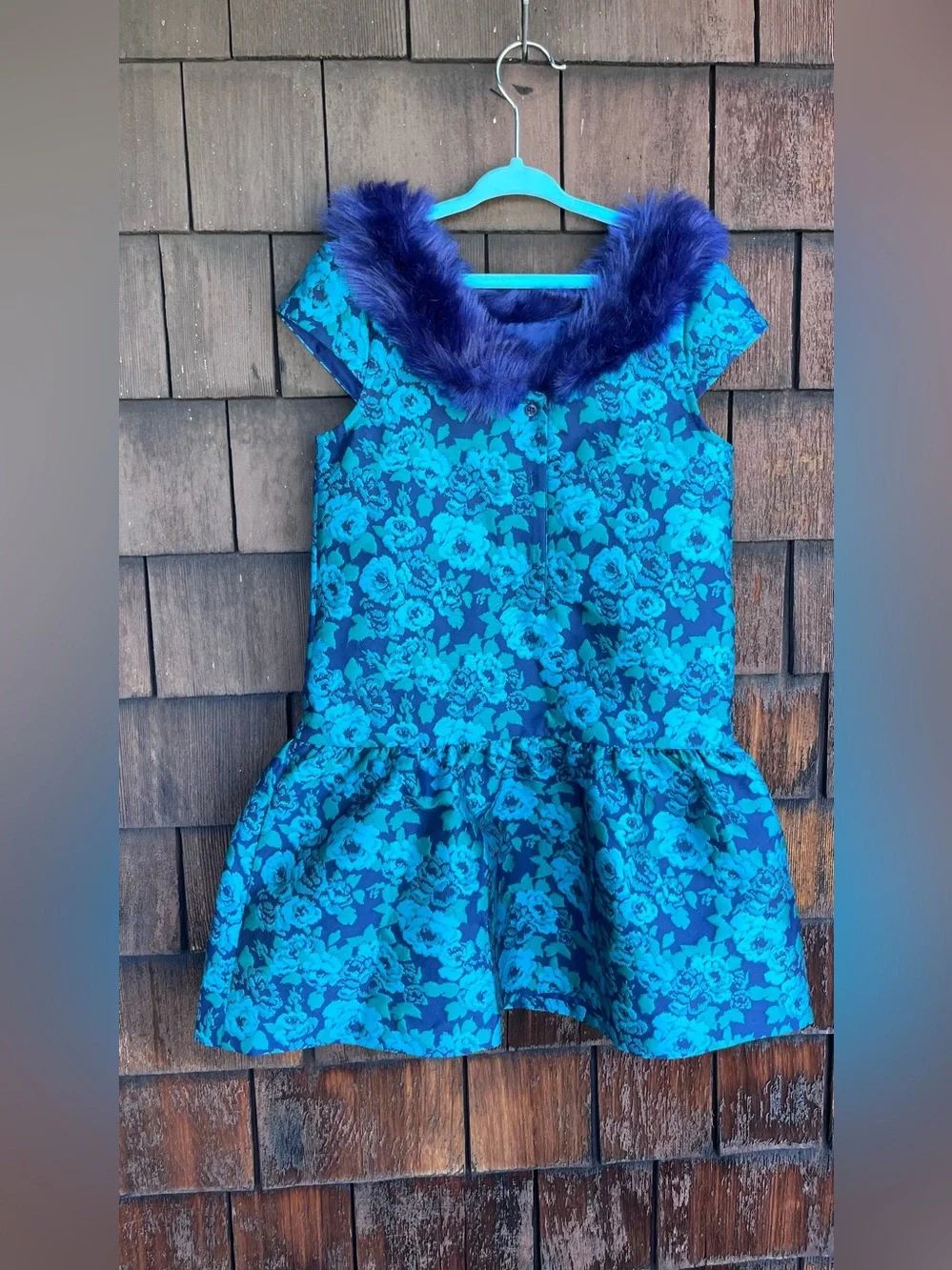 Janie and Jack sz 8 blue brocade girls winter dress ~ fur collar and bow